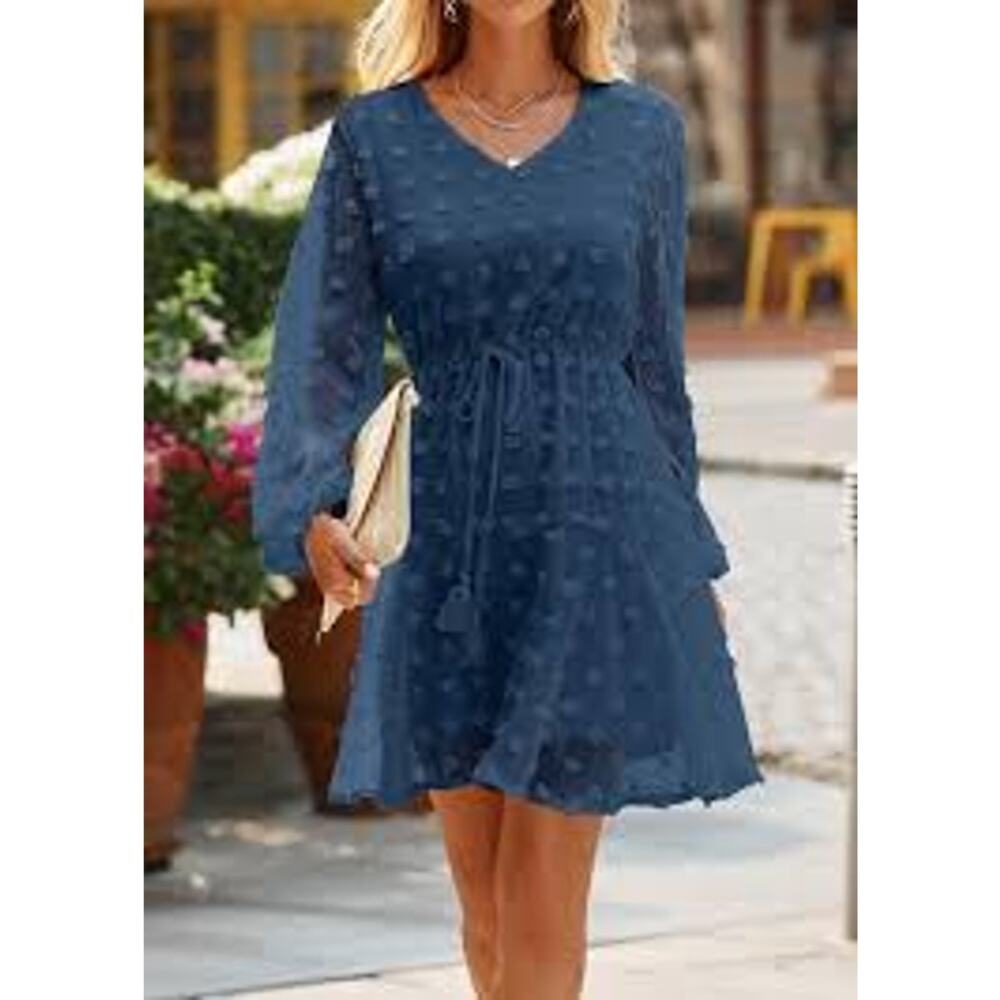 Kirundo Blue Long Sleeve V-neck Swiss Dot High Waist Chiffon Mini‎ Dress Size M